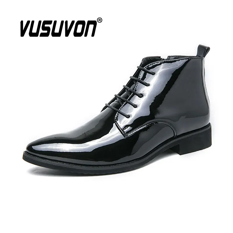 Fashion Men Derby Boots Winter Black Casual  Point Toe Shoes Lace-Up & Zip Party Street Boys Patent Leather Big Size 38-47