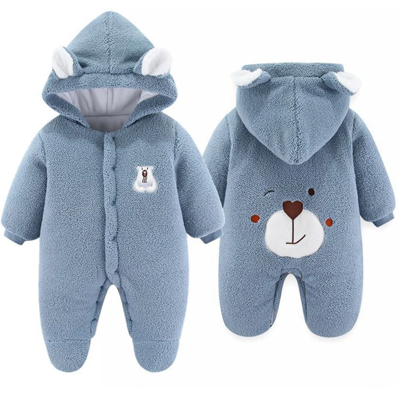 0-12M Cute Plush Bear Baby Boy Romper Infant Girl Overall Jumpsuit Autumn Winter Warm Fleece Hooded Baby Rompers Newborn Clothes