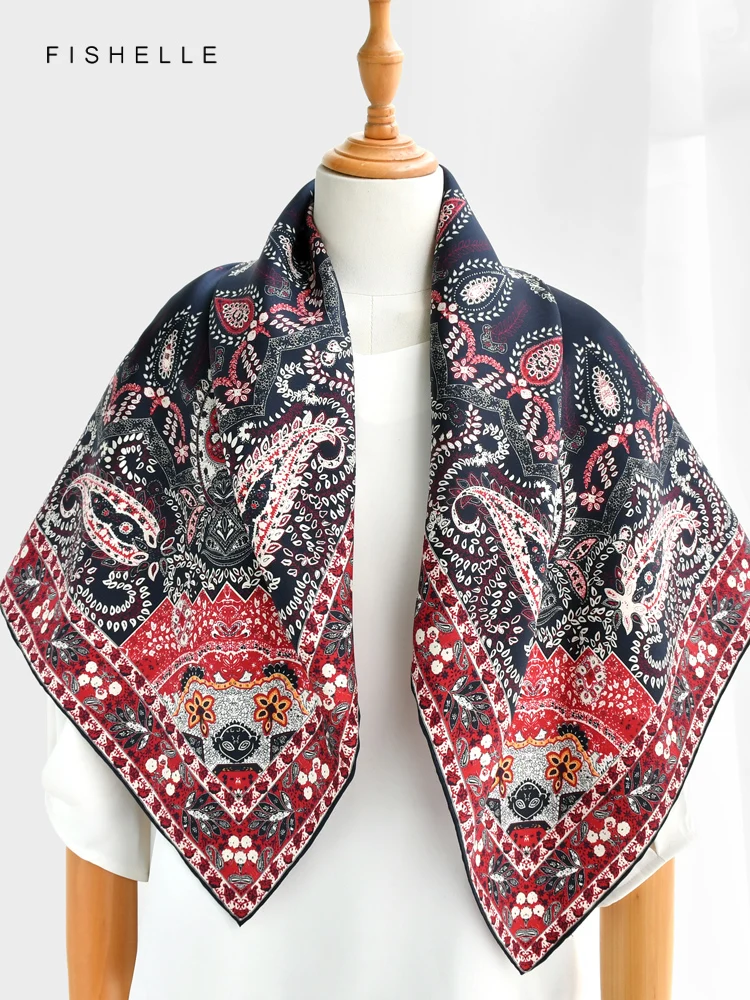 レッドペイズリー 100% 天然シルクスカーフ女性のツイルショールラップバンダナヒジャーブヘッドバンドスクエアハンカチ高級ギフト 90 センチメートル