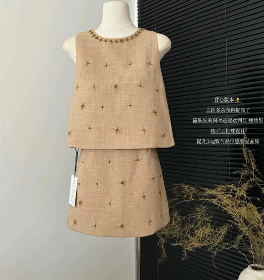 High Quality Summer Cute Manual Beading A Line Dress New Sweet Women Round Collar Short Sleeve Ramie Solid Loose Mini Vestidos