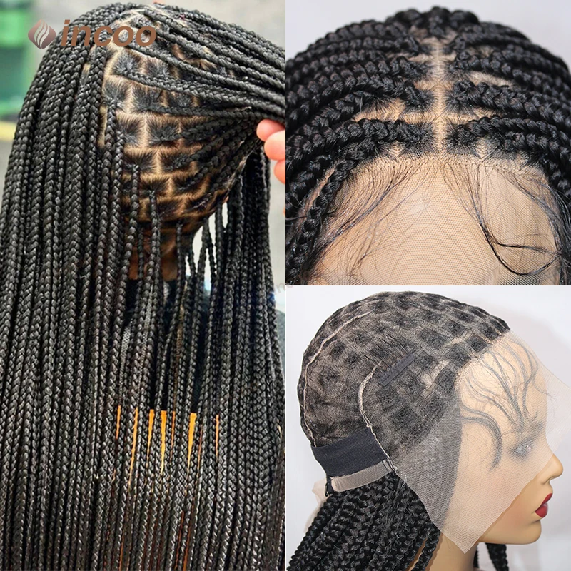 Perucas trançadas sintéticas para mulheres negras peruca cheia do laço trança africano caixa sem nós tranças de cabelo perucas dianteiras do laço barato tranças cornrow