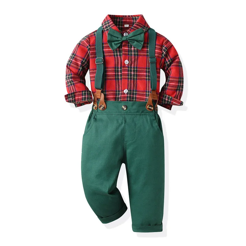 European And American Children's Christmas Clothing Teens Boy Checkered Long Sleeve Cotton Cardigan Shirt Strap Pant Holiday Set