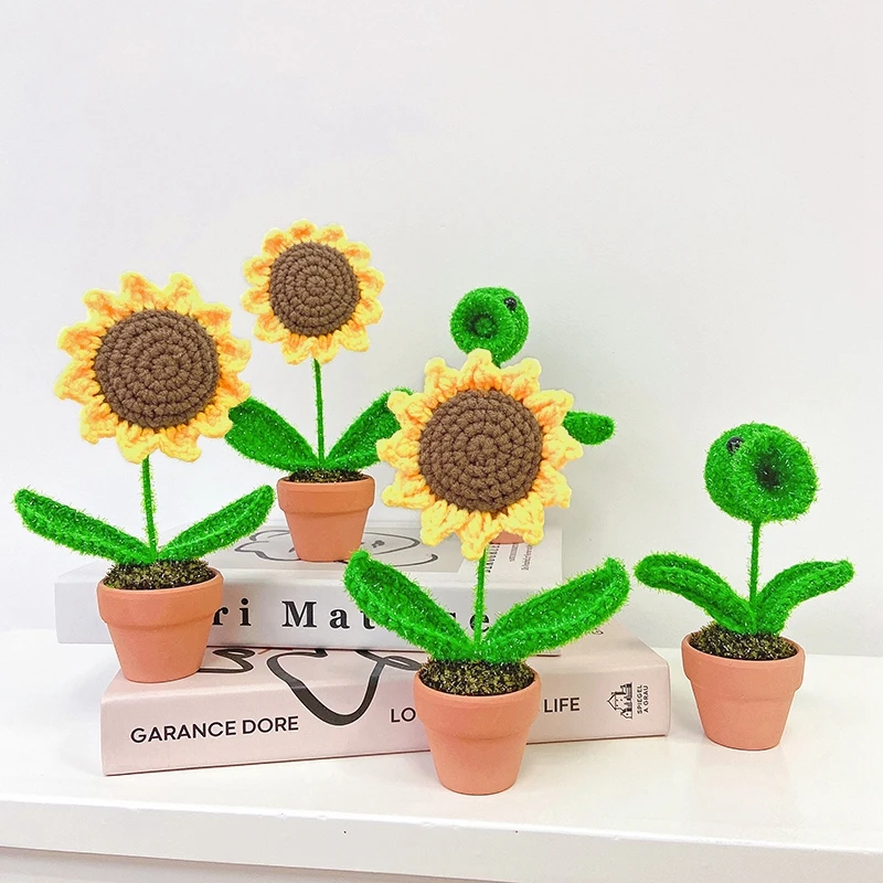 

Hand Knitted Sunflower for Potted Wedding Decor Creative Artificial Flower Crochet Sunflower Handicrafts Gifts Home Ornaments