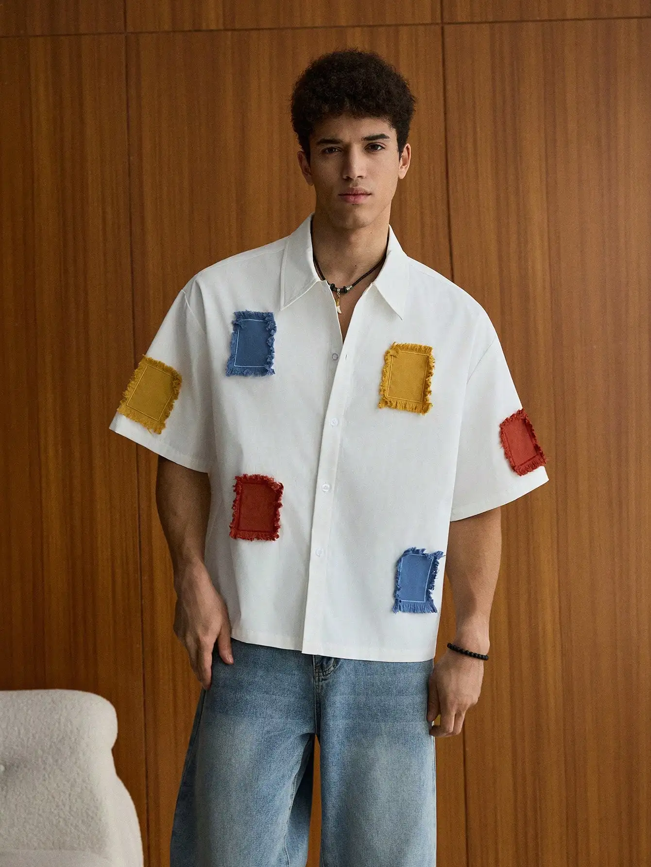 

Men's White Box Cut Casual Shirt with Colorful Frayed Patch Applique, Summer Wear