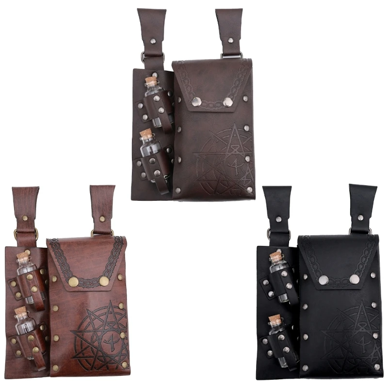 Medieval Leather Waist Bag With 2 Corked Potion Bottle Holder for Halloween Medieval Leather Side Pack Wizard Waist Bag