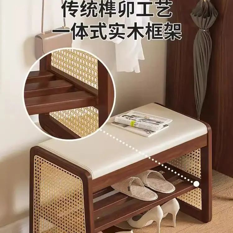 Solid wood rattan shoe changing stool door home entrance door can sitshoe cabinet light luxury