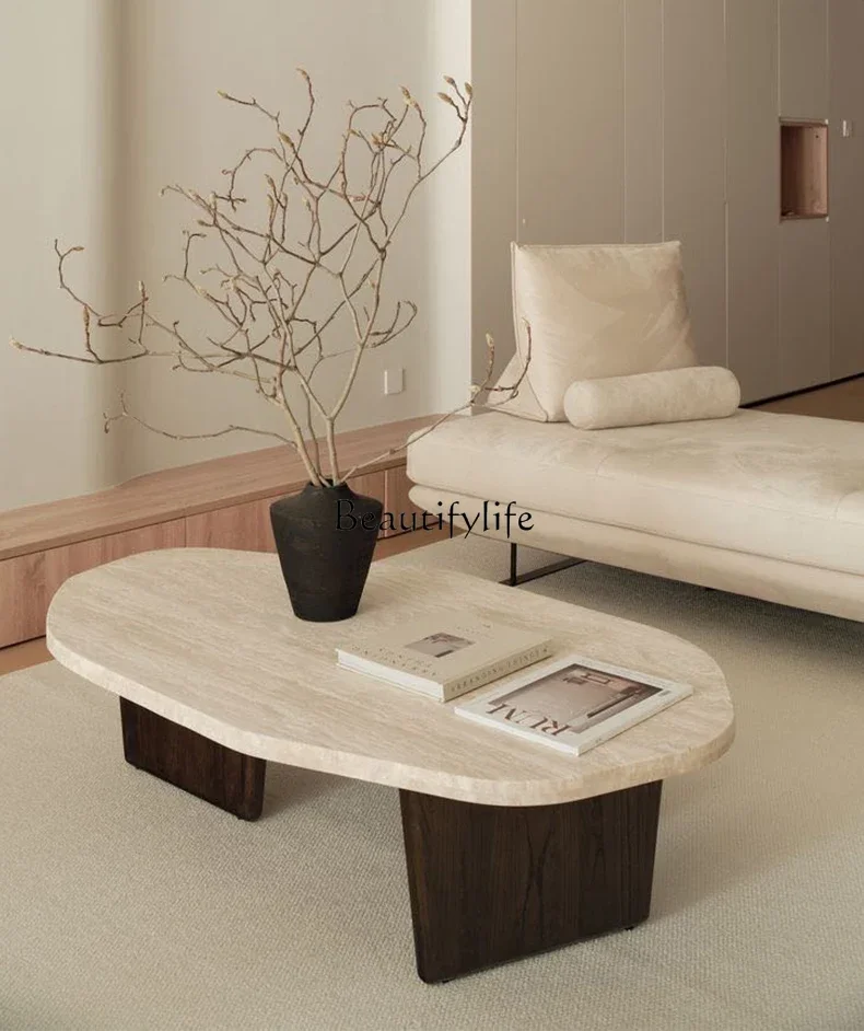 Wabi Sand Wind Minimalist Natural Travertine Coffee Table Living Room Designer Creative Balcony Coffee Table