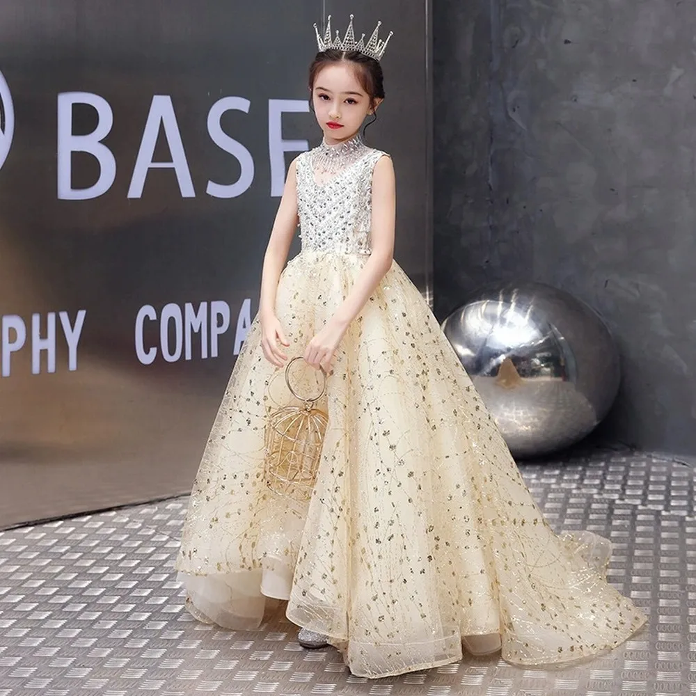 Champagne Prinses Speciale Gelegenheid Bloemenmeisje Jurk Bruiloft Feest Schoolfeest Verjaardag Eerste Communie Baby Kind Kind Optocht Jurk A50