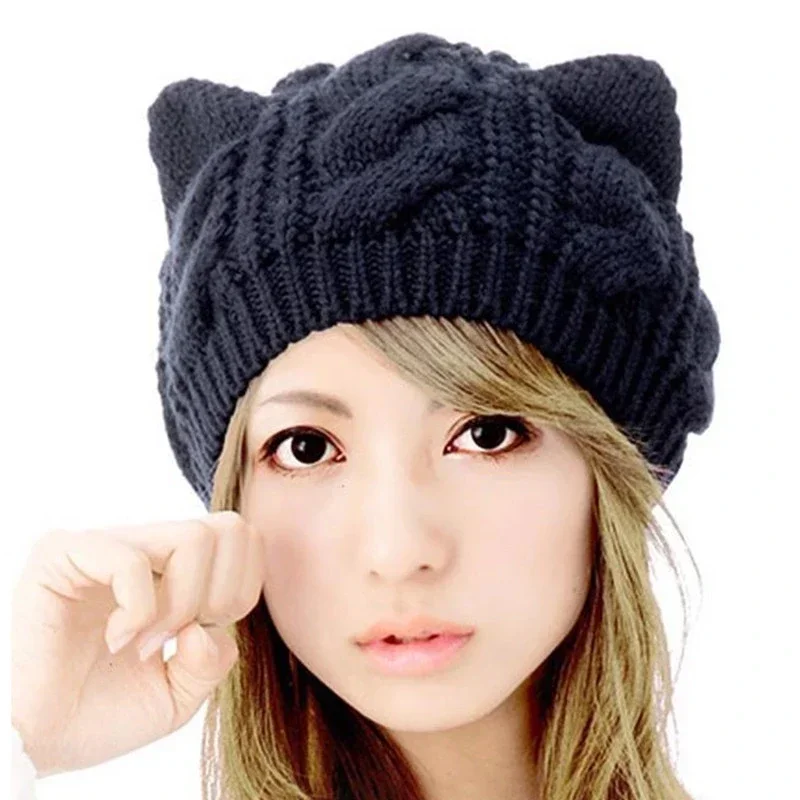 Chapéus de malha Kawaii Cat Ear para mulheres, monocromático, talões de crochê, anime Gorros, chapéu de inverno feminino, boné de lã kawaii