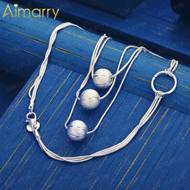 925 Sterling Silver Frosted Transfer Bead Triple Tassel Necklace 18 Inch Women's Banquet Engagement Wedding Fashion Jewelry
