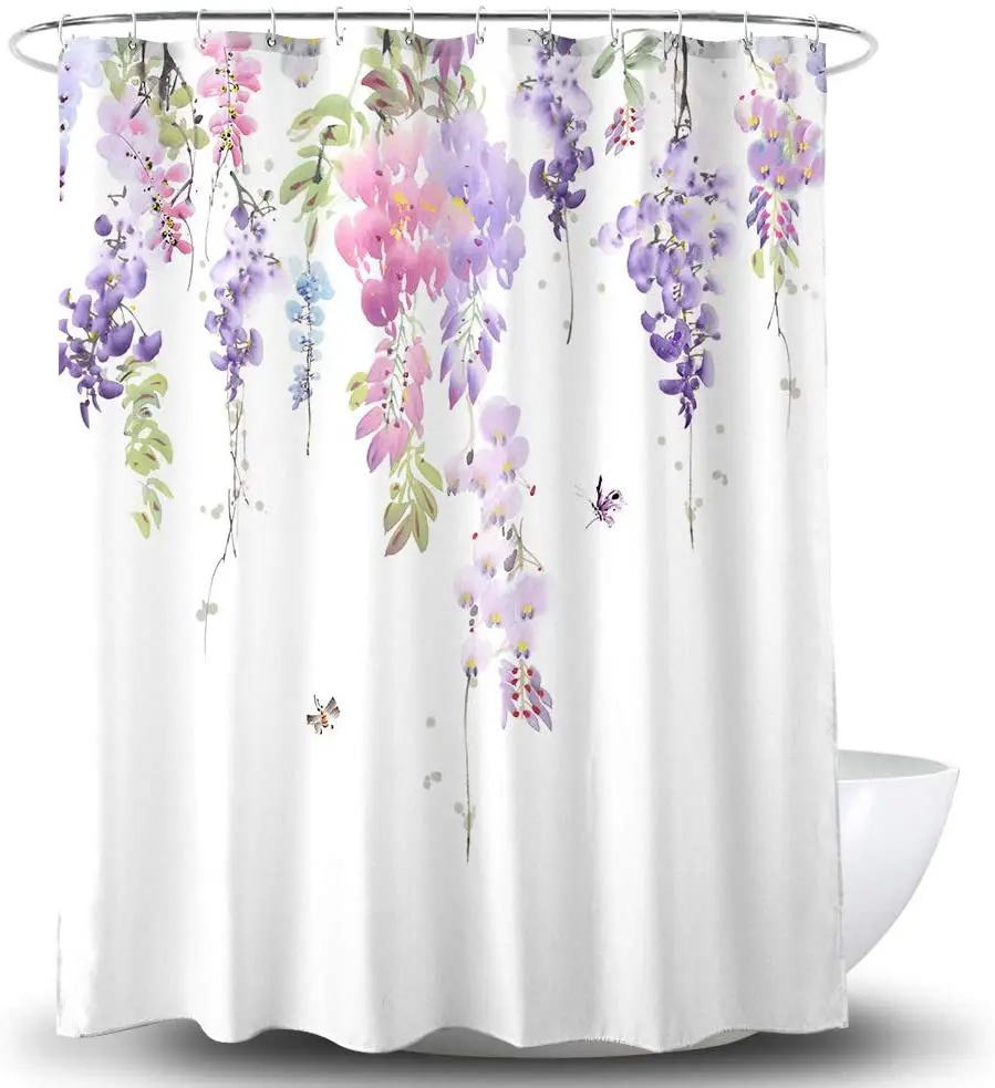 

BECAN Floral Shower Curtain, Purple Wisteria Flower Polyester Fabric Waterproof Layer Thickening Shower Curtain 72X72Inches