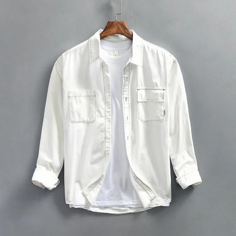 

Мужская рубашка-карго в японском стиле с длинным рукавом, свободный крой, уличный стиль, с двумя карманами, из чистого хлопка, повседневная, комфортная одежда
