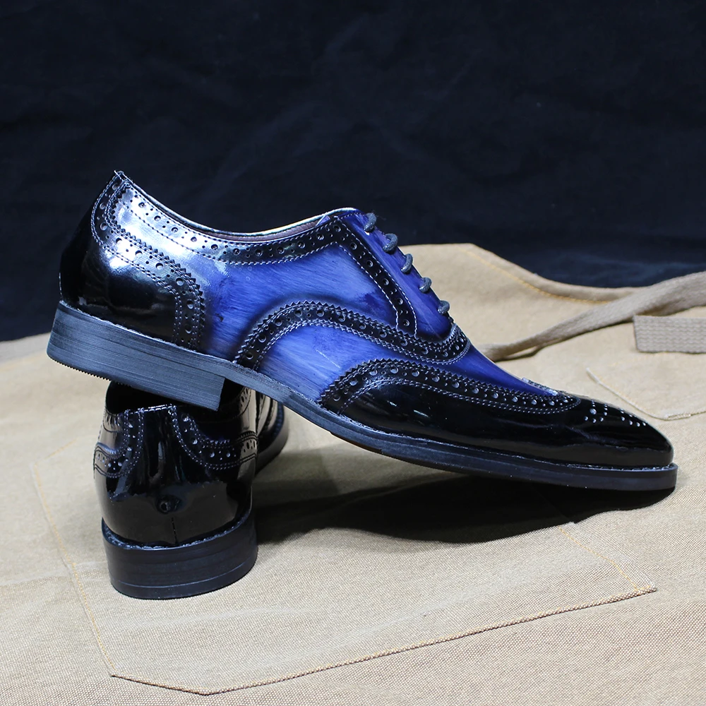 Luxury Men\'s Oxfords Genuine Patent Leather Brogue Blue Lace Up Wingtip Dress Shoes for Men Office Wedding Party Formal Footwear