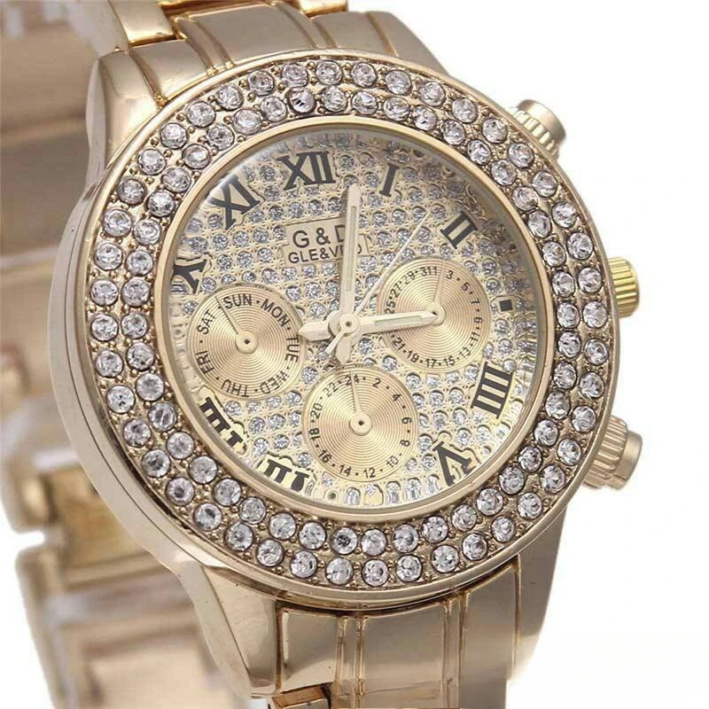 Ladies' watches gold luxury diamond plated three eyes full of European and American elegant luxury fashion quartz watches