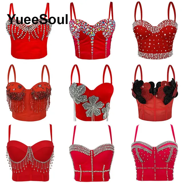 Nowe czerwone crop topy z cekinami i diamentami, seksowny gorset, letnie topy Y2K na imprezę, do klubu, na plażę, codzienne topy na ramiączkach w stylu high street, odzież damska 2026
