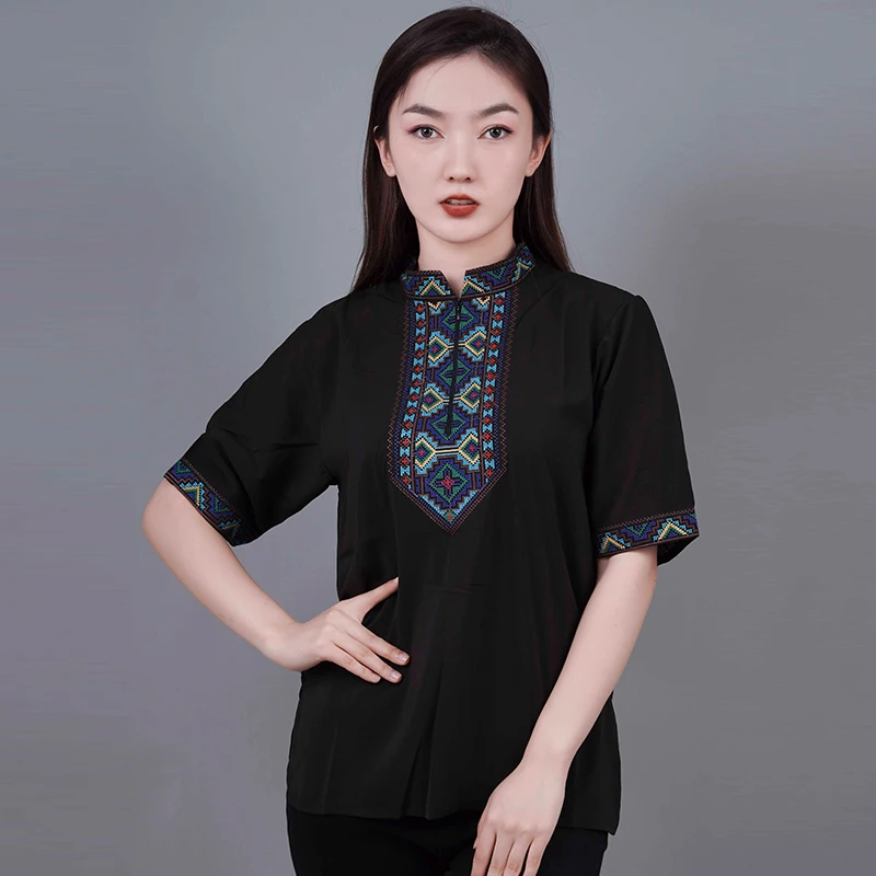 Chinese Xinjiang Uyghur Ethnic Traditional Embroidery Tops for Women Men Summer Stand Collar Tees T-Shirts Vintage Tshirt