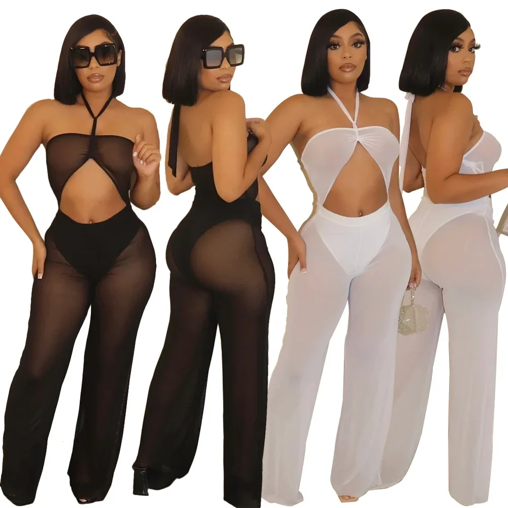 

FNOCE Party Nightclub Fashion Sexy New Women's Dress Mesh Bra Strap Wide Leg Jumpsuit Pants Casual Summer Street Hot Sale ins