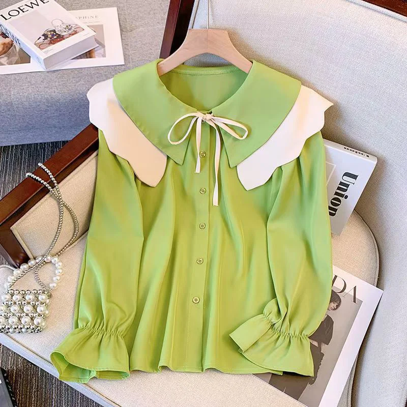 Elegant Tops For Women Kawaii Lolita Peter Pan Collar Button Up Shirt Fall Clothes 2024 Fashion Fitted Blouse Clothing Trends