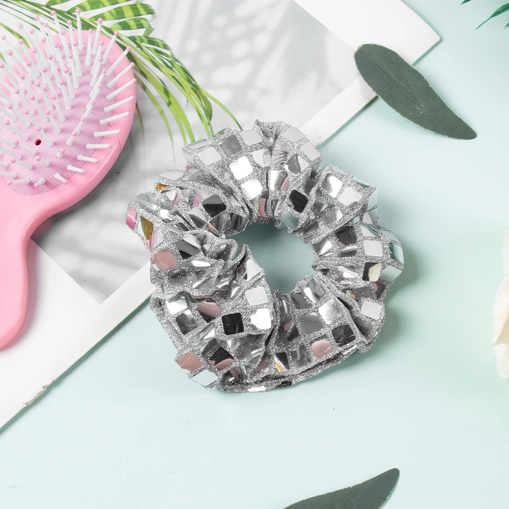 4/8pcs Mirror Silver Disco Ball Necklaces Sequin Hair Scrunchies Accessories 70s Disco Dance Birthday Bachelorette Party Prop view 5