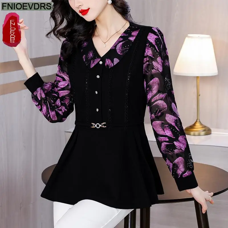 Retro Vintage Purple Ruffles Peplum Tops New Design Women 2024 Autumn Long Sleeve Sequined Tunic Button Shirts Blouses