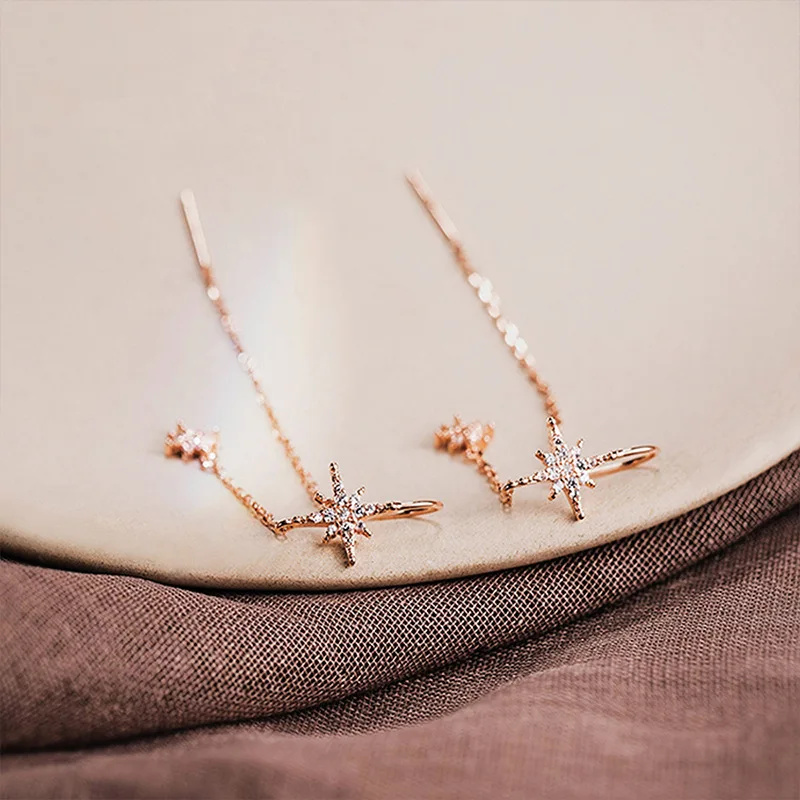 Long Tassel Octagonal Star Earrings 925 Sterling Silver Sparkling Star Temperament Ear Buckle Fashionable Jewelry Gift