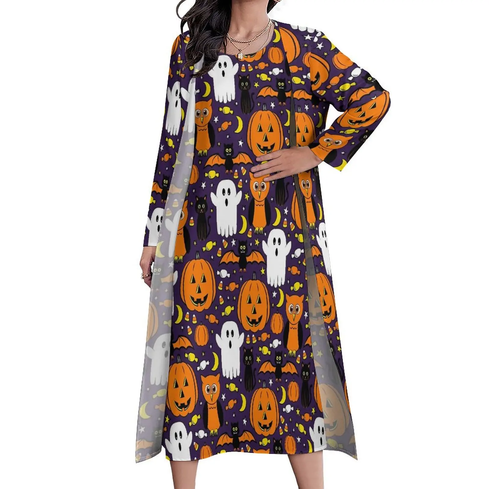 Happy Haunts Jurk Ghost En Pompoen Party Maxi Jurk Mode Boho Strand Lange Jurken Vrouwen Lange Mouw Ontwerp Big Size Vestidos