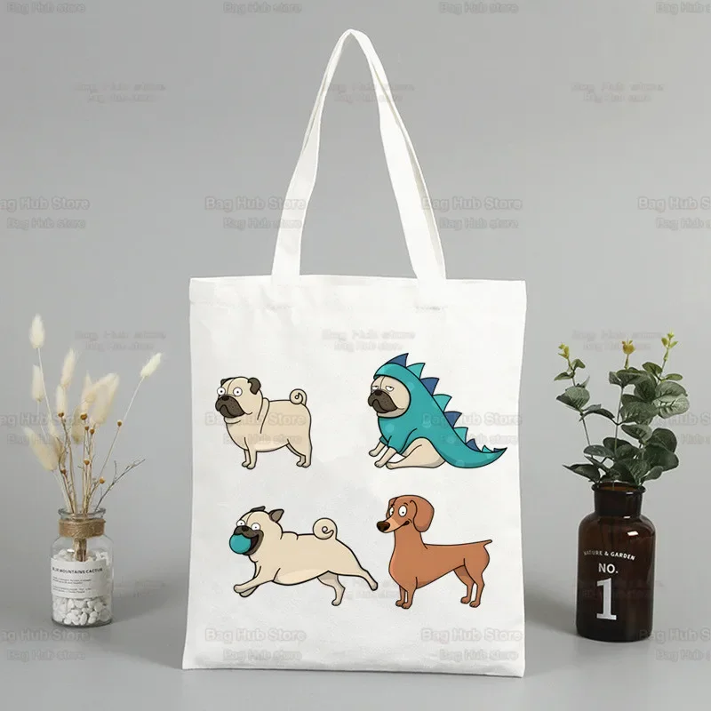 Pug Dog Unisex Canvas Tote Bag Eco Dug Life Shopping Bag Large Capacity Bad Dog Shoulder Bag Unisex Female Beach Shopper Bag