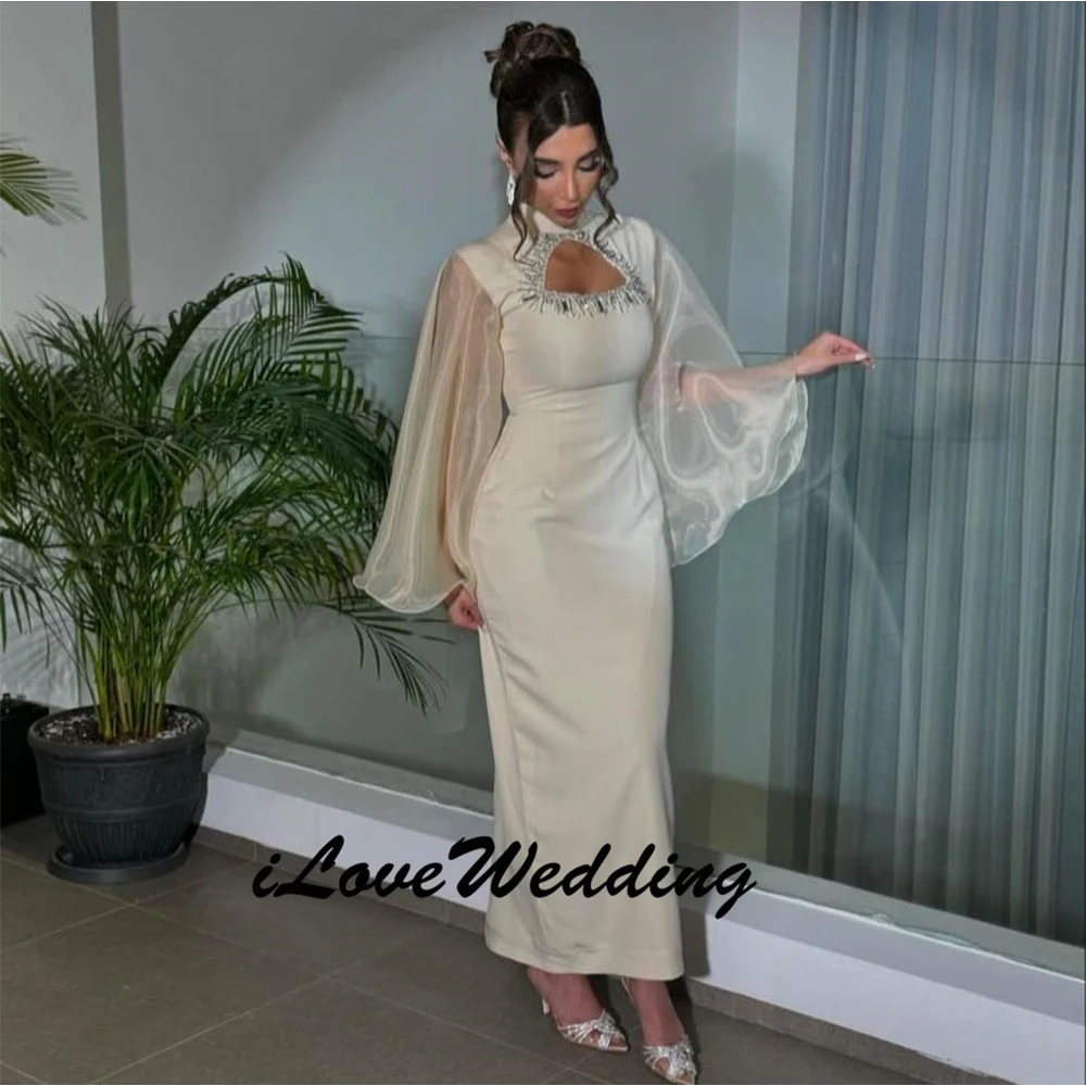 

Charming Dubai White Sequin Bell Sleeves Evening Dress Strapless vestido de noche Ankle-Length فساتين سهرة Customized