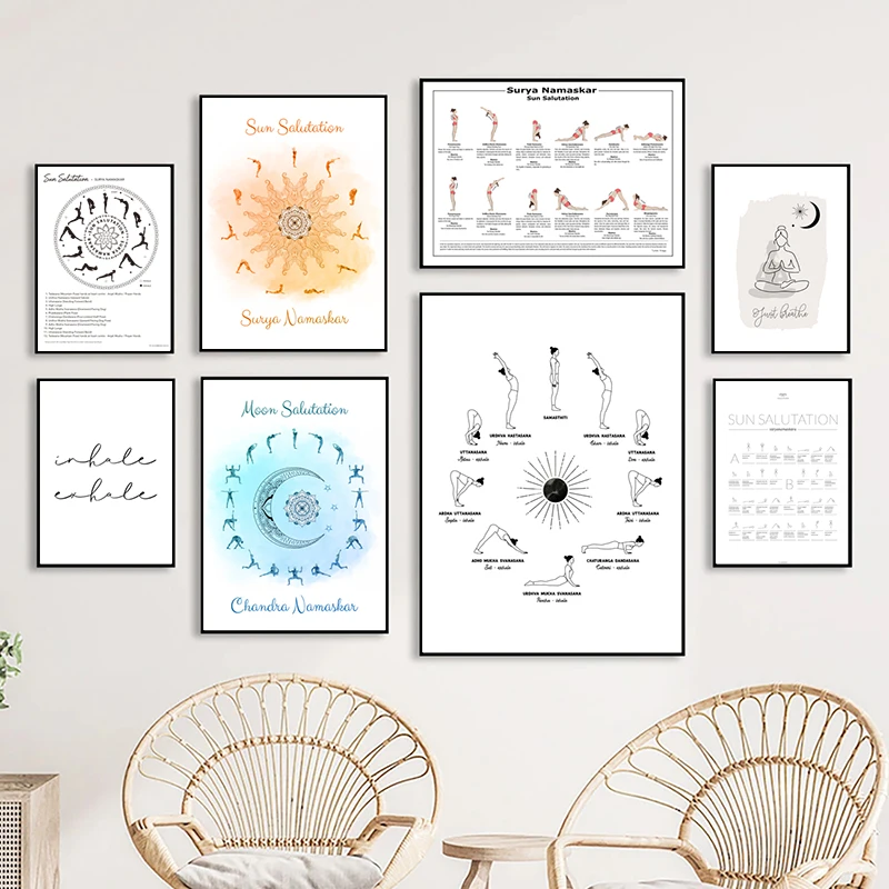 Yoga Illustration Print Sun Salutation Posture Yoga Posture Poster Meditation Wall Art Canvas Painting Gym Wall Decor Girls Gift