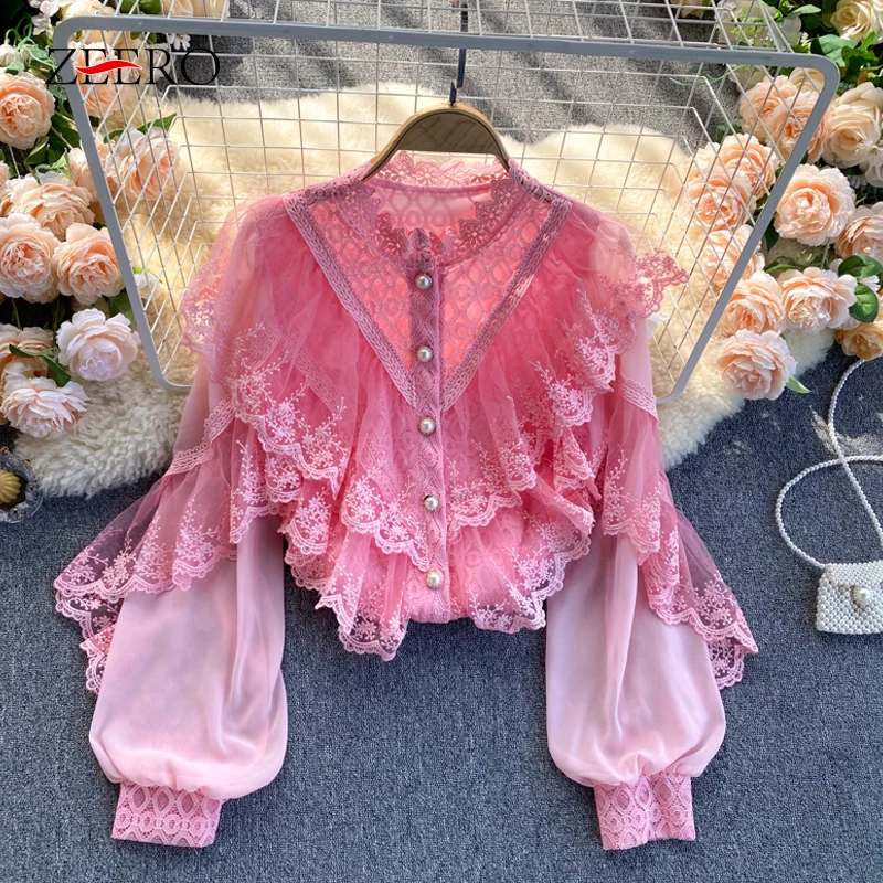 Spring Women Shirts Splicing Lace Embroidery Cascade Ruffle Blouses Pearl Stand-up Collar Lantern Sleeve Chiffon Button Up Shirt