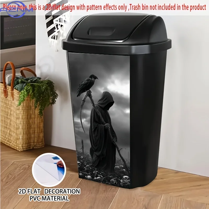 of 2D/Flat Self-Adhesive Stickers Featuring The Grim Reaper And a Crow, Measuring 14.57 by 32.28 Inches, with a Black And Whit