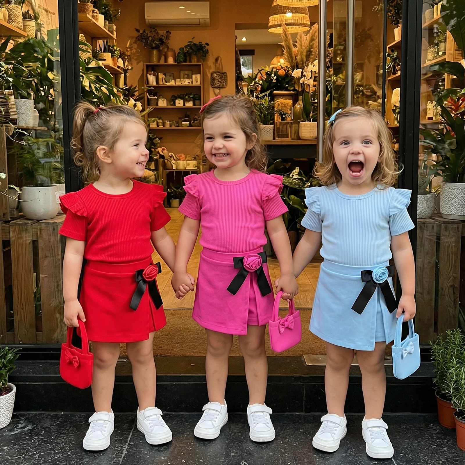 0-3Y Fashion Toddler Baby Girl Summer Outfit Ribbed Short Sleeve T-Shirt Rose Bow Split Skirts Handbag 3 Piece Set