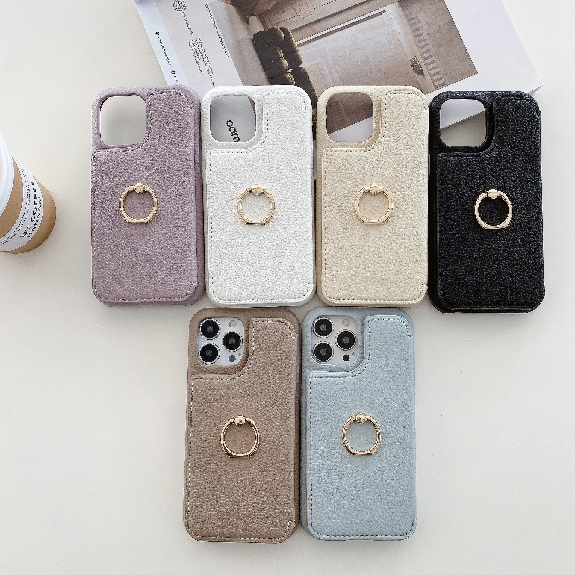 Card Slot Ring Holder Cosmetic Mirror Phone Case iPhone 15 14 13 12 11 Pro Max plus lychee peel cover