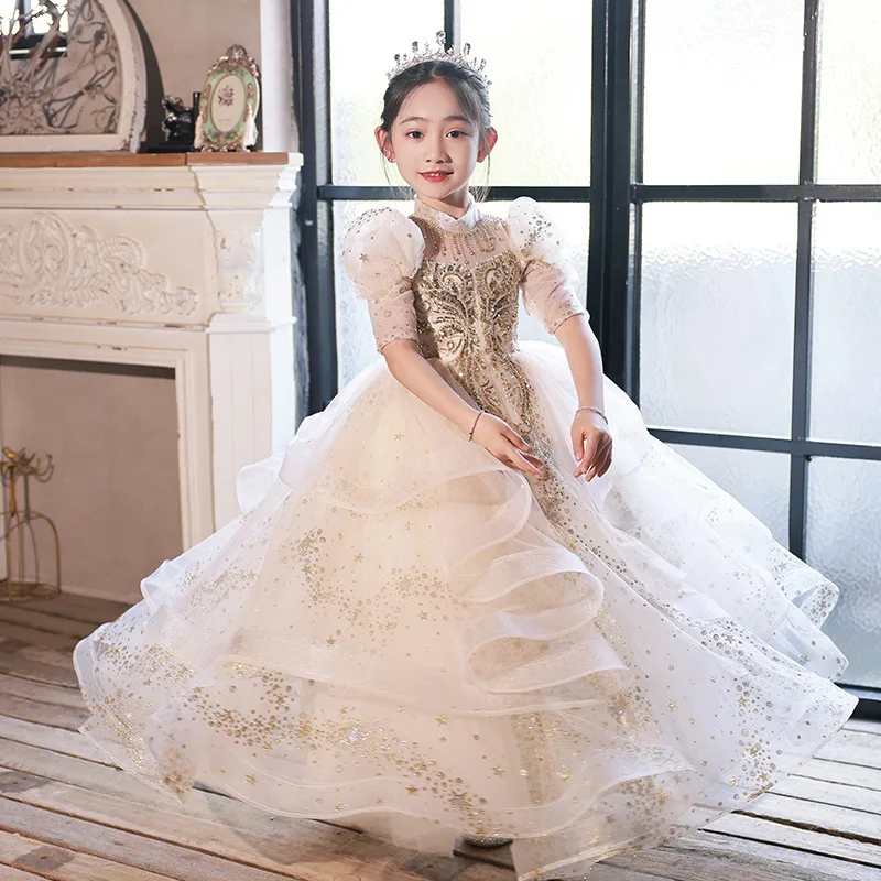 Gorgeous Flower Girls golden sequin Retro court Princess Dress kids Birthday Party Pageant Ball Long gown Wedding dresses