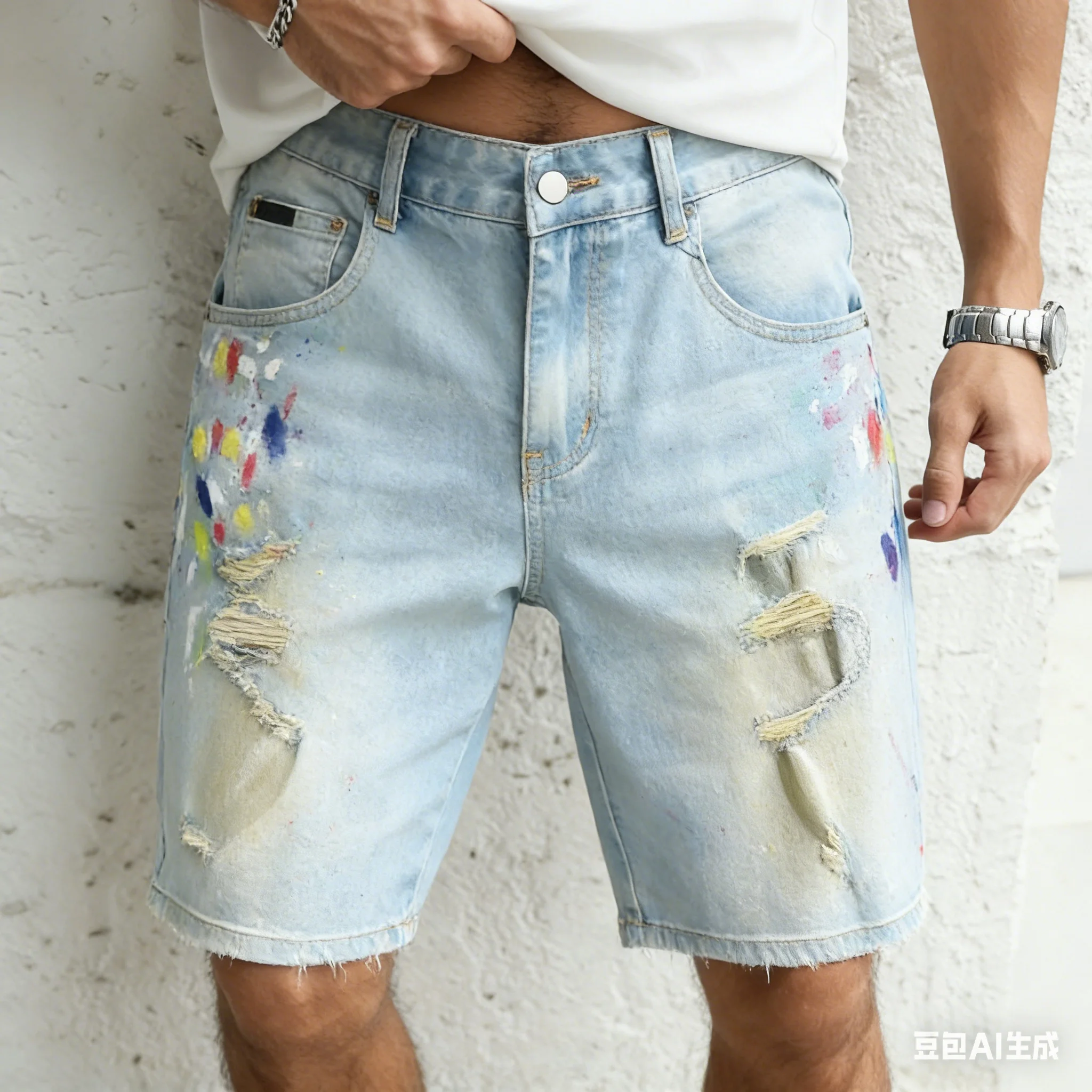 Men's Vintage Distressed Graffiti Splash Ink Denim Shorts, Y2K Streetwear Ripped Frayed Hem 5 Inch Inseam Casual Jorts