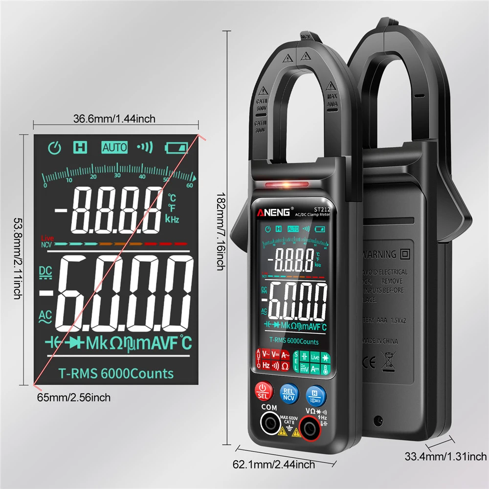 Imagem -03 - Aneng St212 Digital Clamp Meter 6000 Contagens dc ac Atual Multímetro Amperímetro Tensão Tester Auto Ranging Car Amp hz Ncv Ohm Teste