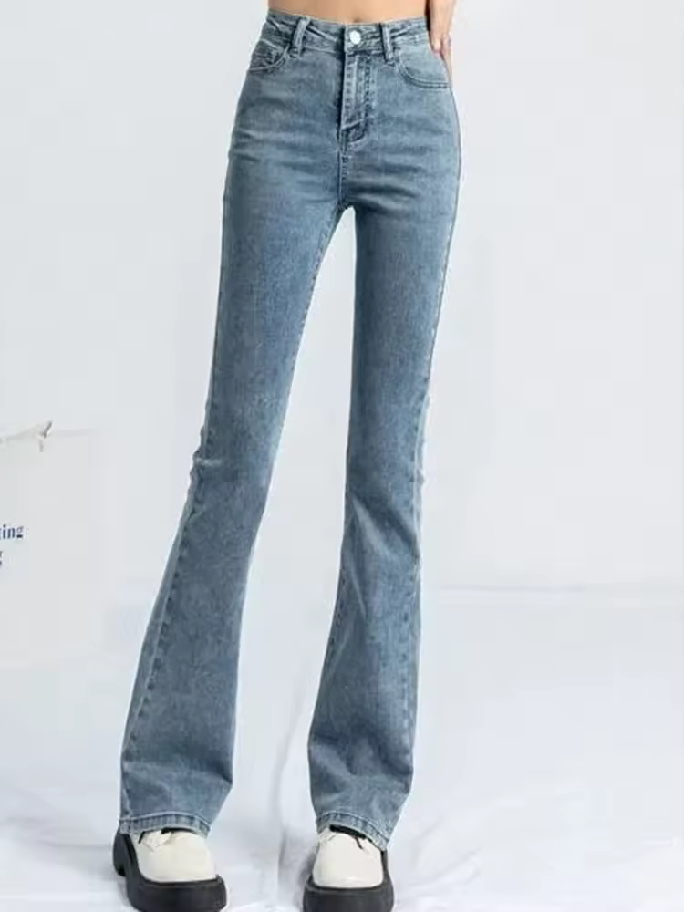 Women Korean Flare Jeans Girls High Waist Elastic Boot Cut Pants Lady Vintage Blue Black Gray Brown Denim Bell Bottom Trousers Products on AliExpress