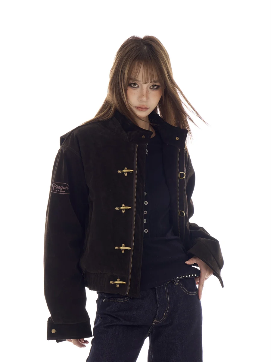 

Tagkita American Retro PU Leather Stand Collar Short Women's down Jacket Thickened Warm Winter Outerwear Lobster Buckle