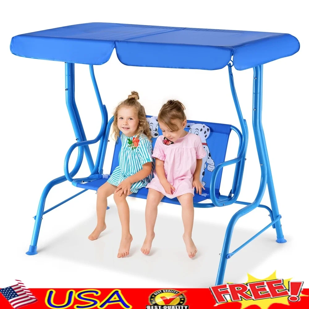 

Kids Outdoor Swing Bench with Adjustable Canopy Safety Belt Durable Patio Furniture Garden Play Seat