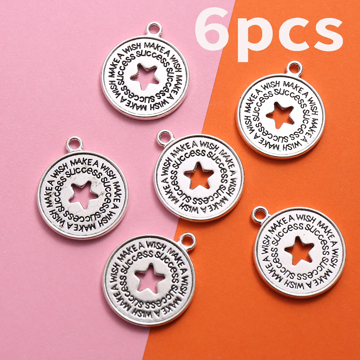 6-Piece Set of Hollow Five-Pointed Star English Round Pendants, Mini Round Pendants with Short Phrases for Making Wishes, Suitable for DIY Bracelets, Necklaces, and Earrings, Good Luck Wishing Handmade Beaded Jewelry Accessories
