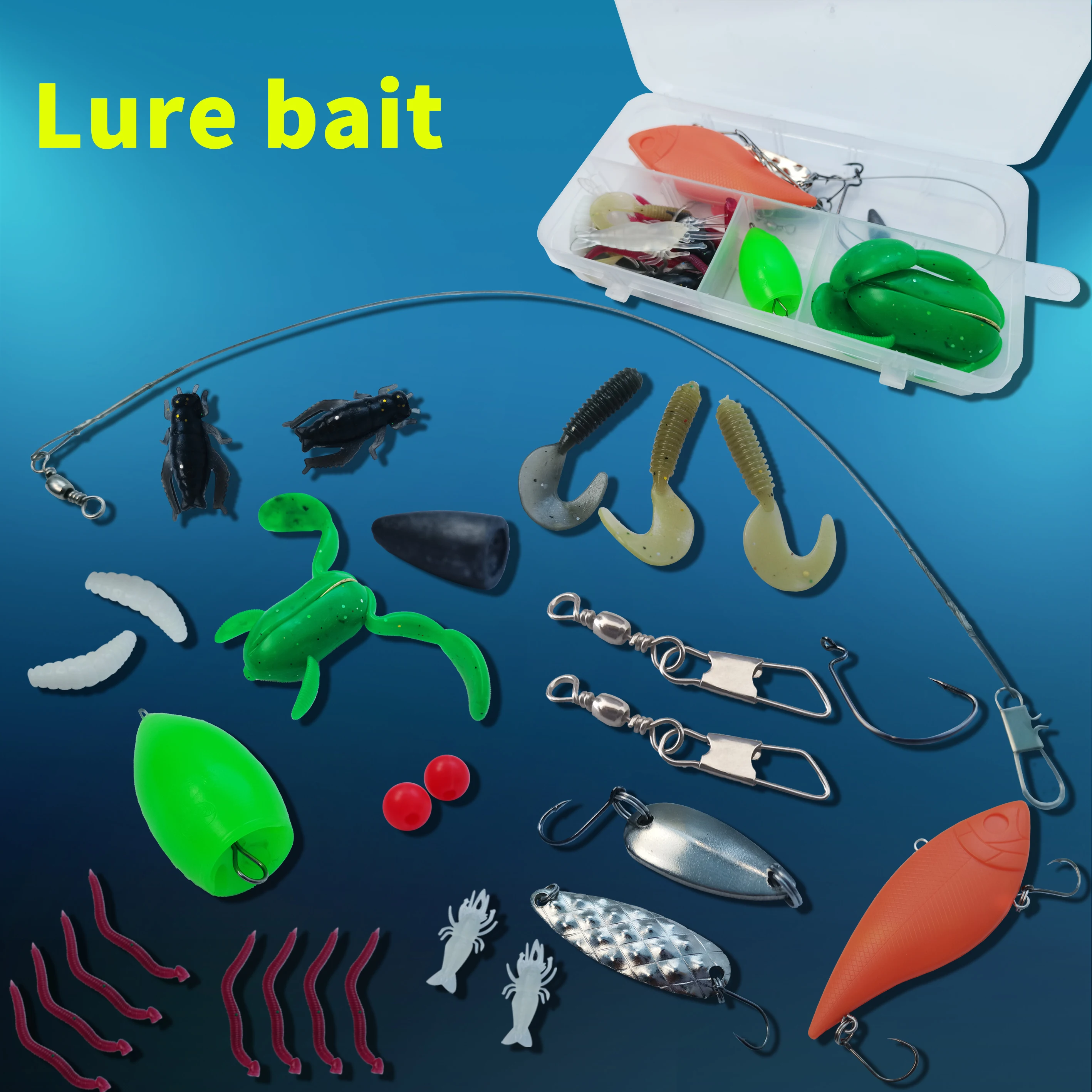 إغراء الصيد المبتدئين مجموعة كاملة معدات الطعم الثابت بريق سبينر الطعم العالمي لجميع المياه وطبقات المياه المضادة للتمزق عززت لينة الطعم طويلة الصب لينة دودة الضفدع إغراء مجموعة صناديق