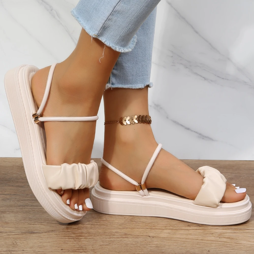 Women Beige Pleated Design Wear Slingback Sandals, Ruched Detail Open Toe Flatform Sandals Daily Shoes