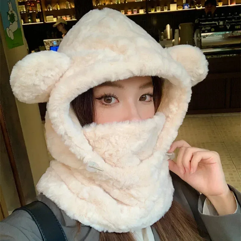Set Topi dan Syal Musim Dingin Wanita, Tebal Berbulu, Model Terpadu, Kawaii dengan Telinga Beruang, Syal Anti Angin, Topi Berpenutup dengan Pelindung Telinga