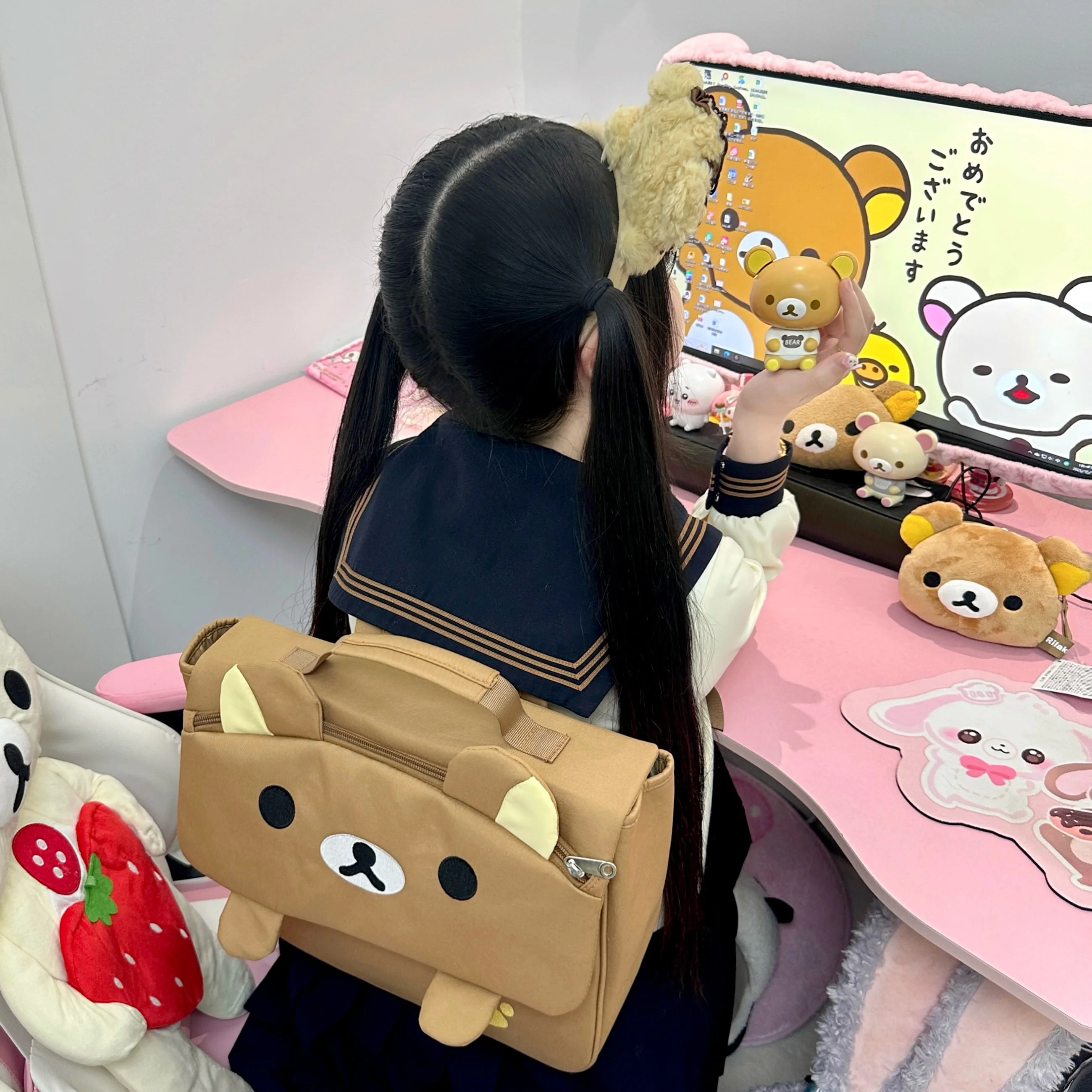 かわいいかわいいクマリラックマバックパック大容量アニメ漫画バックパックスタイリッシュな学生スクールバッグショルダーバッグ通学