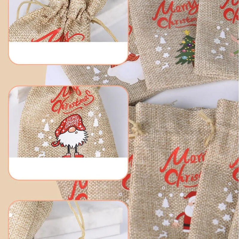 50pcs/lot 10*15cm Christmas Tree Elk Santa Claus Drawstring Bags Burlap Pouches Christmas Gift Children Candy Packaging Bag