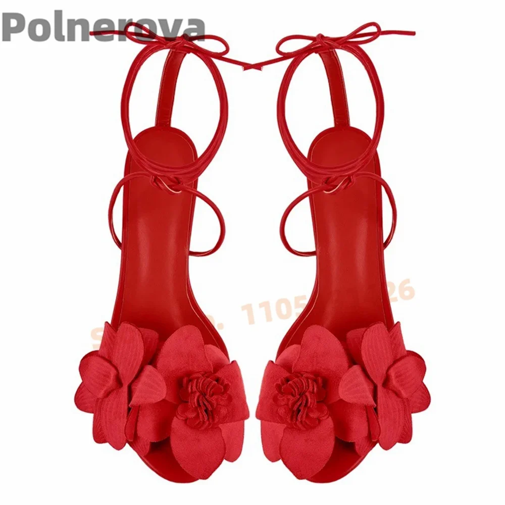 Ankle Lace Up Flowers Sandals for Women Solid Color Thin High Heels Fairy Style Sexy Sandals Cross Tied Summer Woman's Shoes
