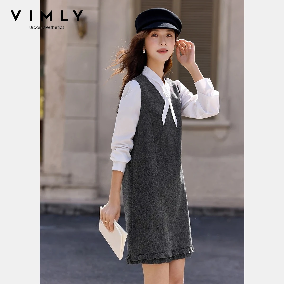 

VIMLY Women's Grey Two-Piece Set 2026 Spring New Fashion Solid shirt V-Neck Vest Mini Dress Elegant Casual Skirt sets A3678