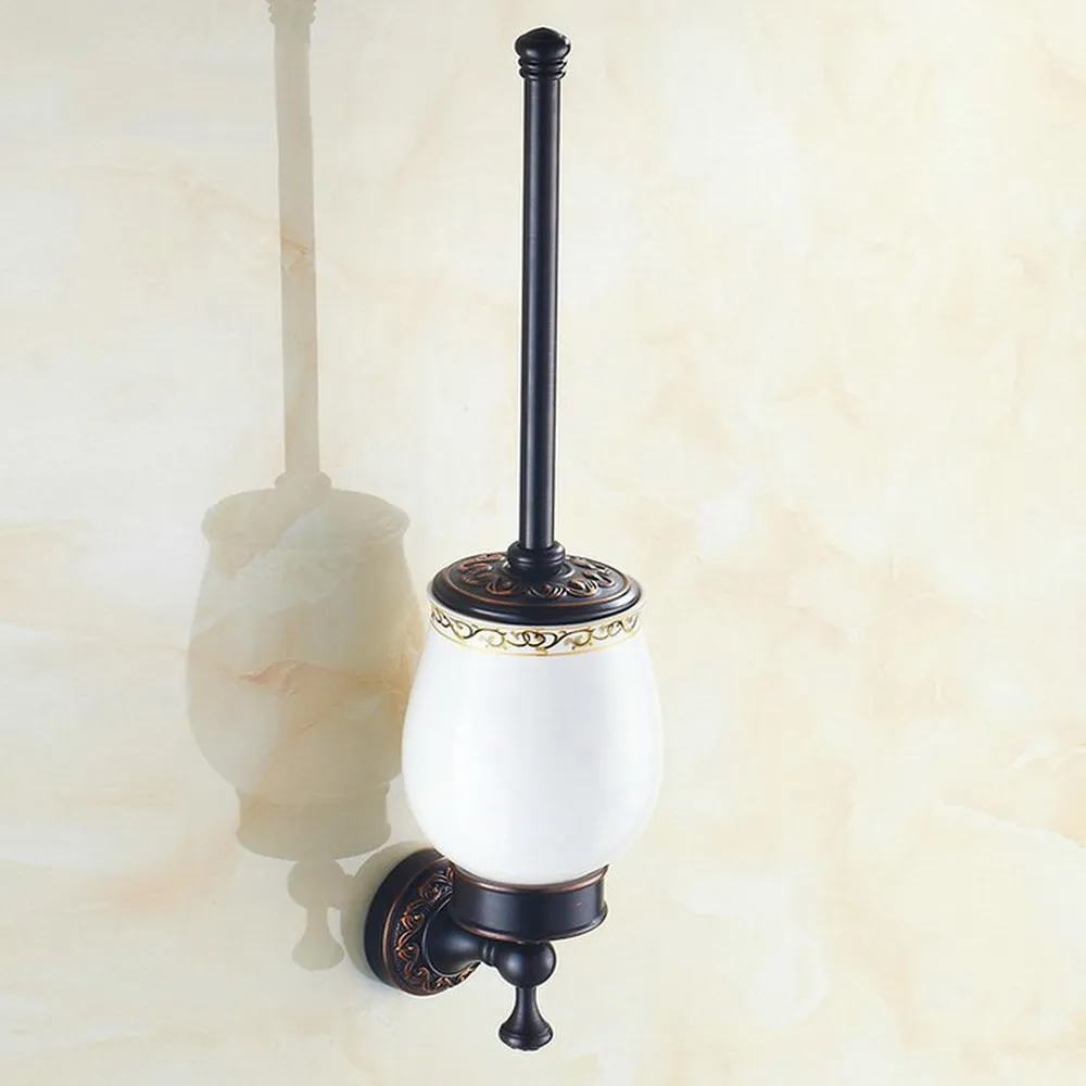 Toilet brush holders Black Brass Wall mounted Toilet Brush Holder With Ceramic Cup Household Products Bath Hardware sets Kba448