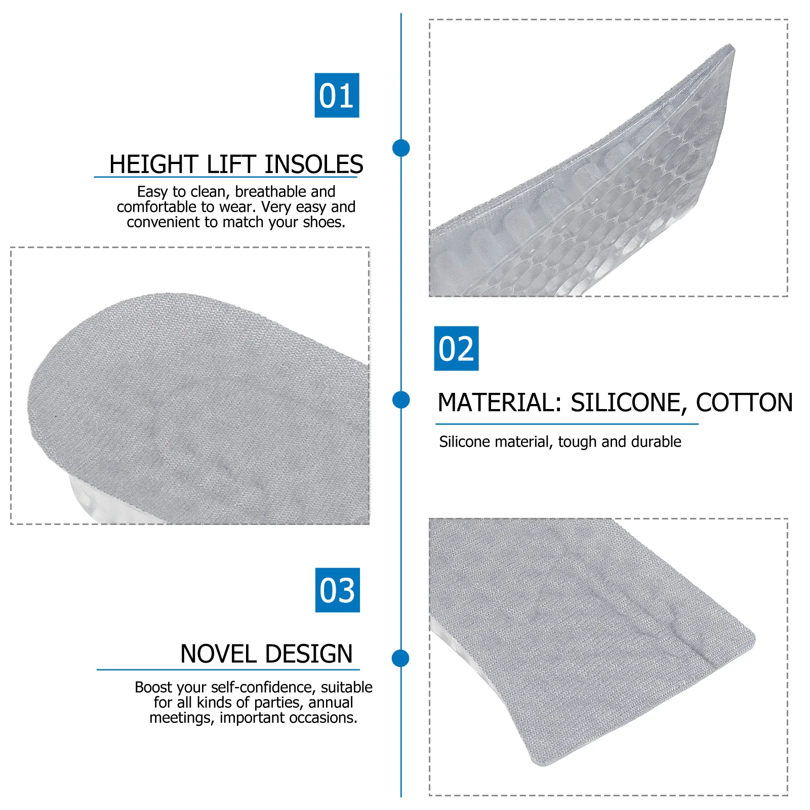 2 Pairs Inner Height Increasing Insole Shock-absorbing Insoles Silicone Insert Shoe Pads Winter Lift Silica Gel Heightening Man