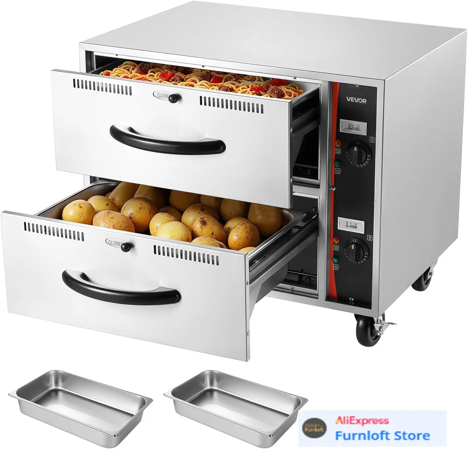 

Commercial Electric Drawer Warmer, Two-Drawer Stainless Steel Food Warmer, Freestanding Standard Warming Drawer Cabinet, 85°F–18